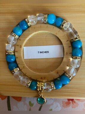 Turquoise & Clear Bead Stretch Bracelet with Gold Accent